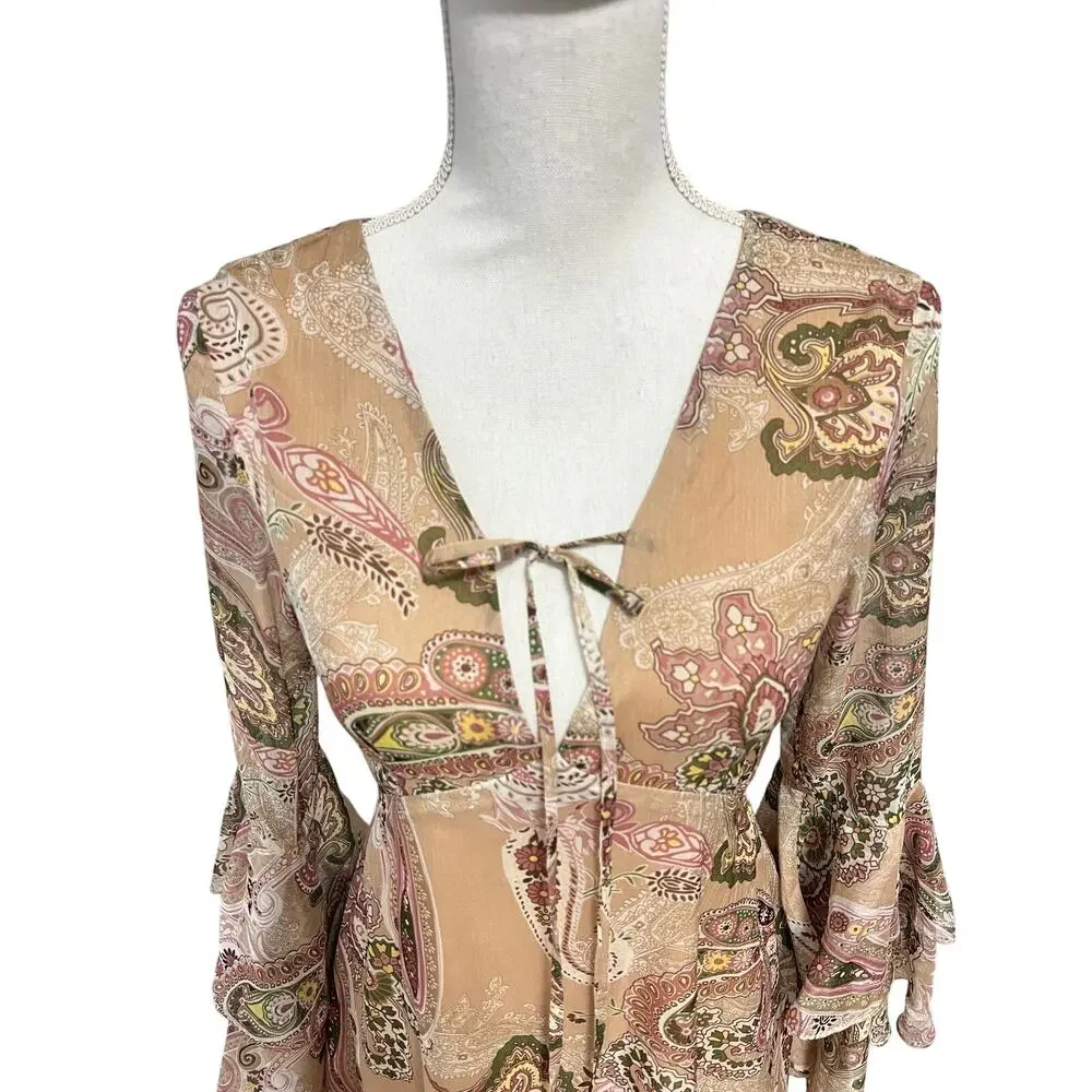 Avantlook Keyhole Back Dress Womens Small Beige Pink Fairy Flowy Wimsigoth Sheer